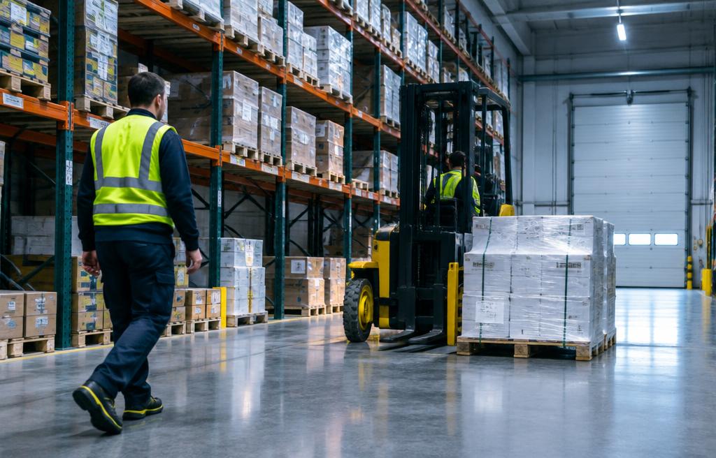 Depoda forklift trafiği arasında iş ayakkabısı ile yürüyen depo görevlisi