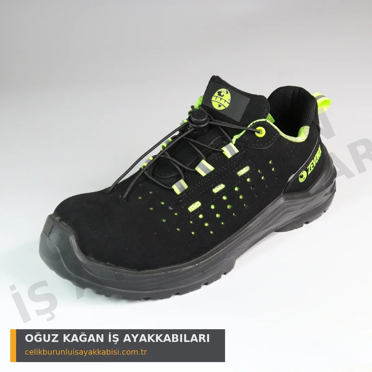 Mühendislik İş Ayakkabısı Düz Yeşil S1 - 3/4 yan görünüm reflektörlü neon yeşil detay